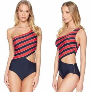 Michael Kors Rope Rugby Stripe One Shoulder Cut Out One-Piece Swimsuit